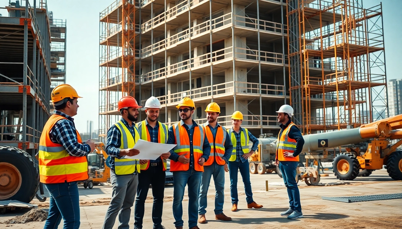 Workers collaborating on austin construction site, showcasing teamwork and safety.