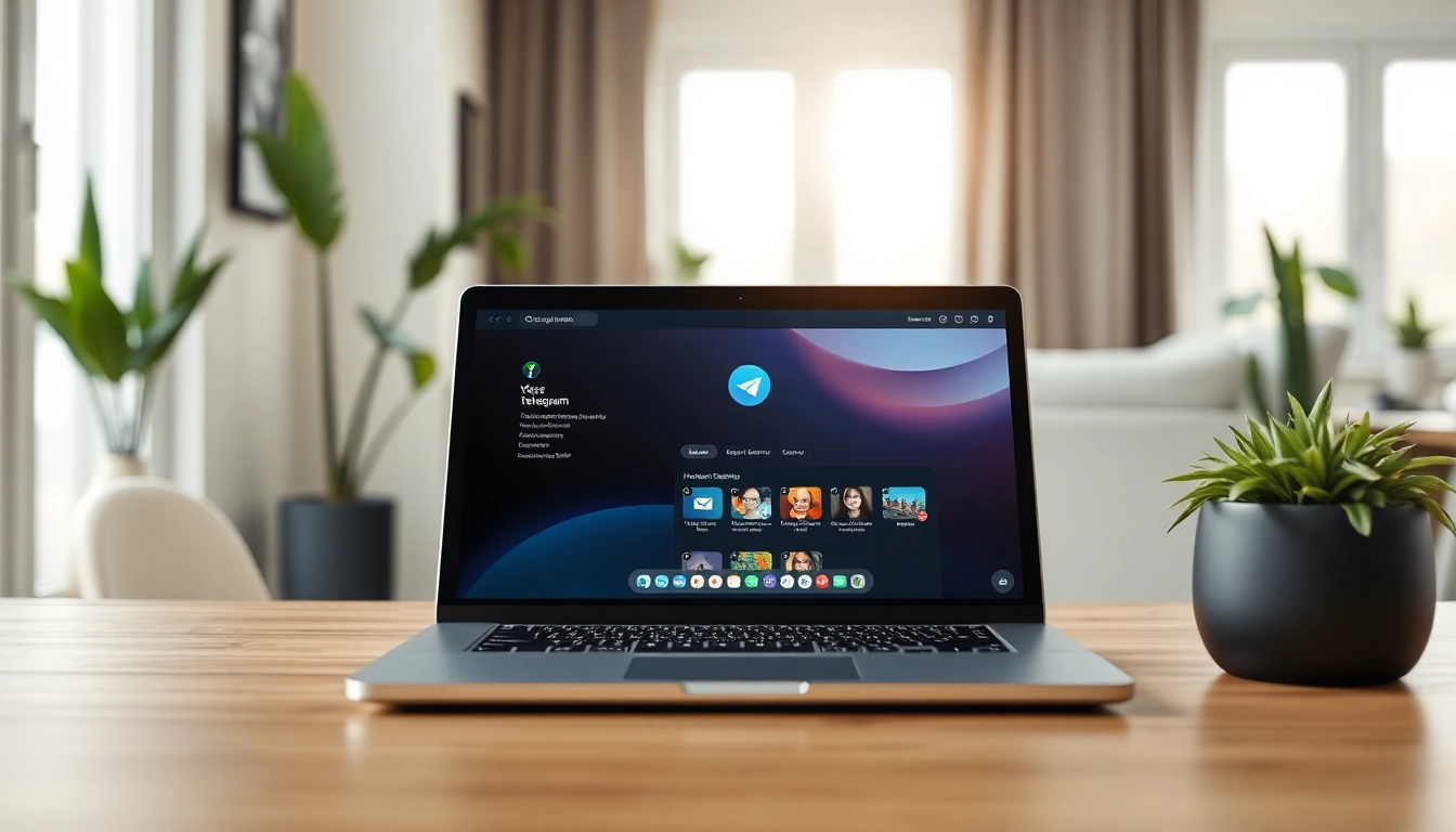 View the Telegram電腦版 interface on a modern laptop in a bright home office.