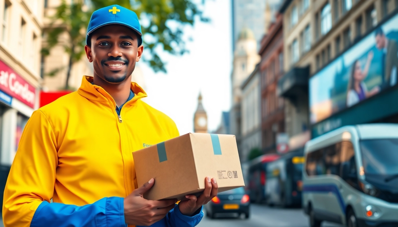 Courier delivering same day courier service london in a vibrant, busy city street scene.