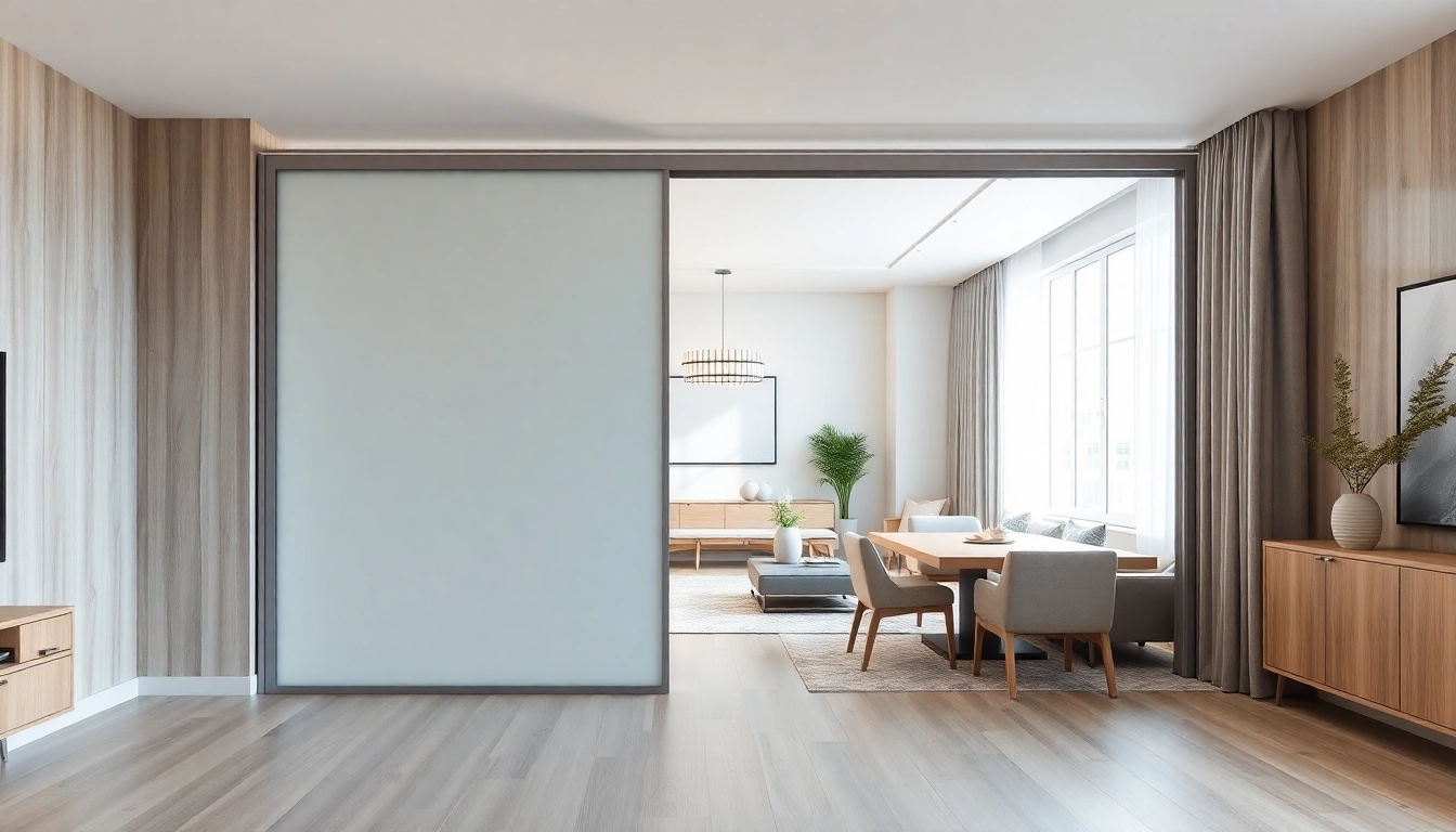 Elegant sliding partition wall enhances a modern living space, showcasing versatility and design.