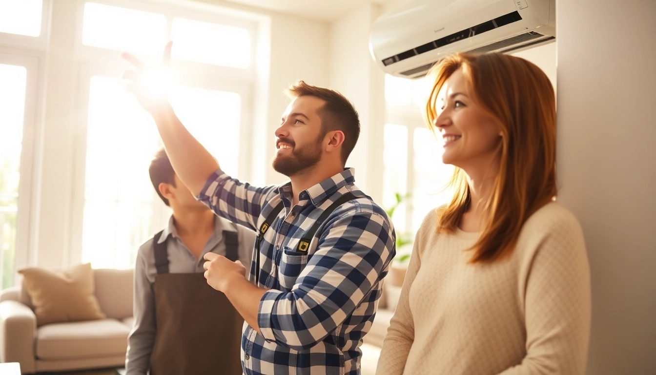HVAC dealers assisting a homeowner with air conditioning in a well-lit living room.