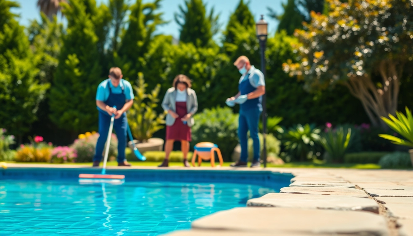 Swimming pool service Pinellas County professionals maintaining a pristine pool in a sunny backyard environment.
