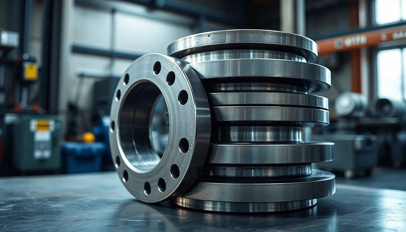 Showcasing durable steel flanges arranged prominently on a workshop table, illustrating quality and precision.