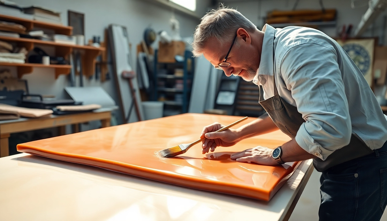 Applying laminating resin on fiberglass sheets in a workshop for precise crafting.