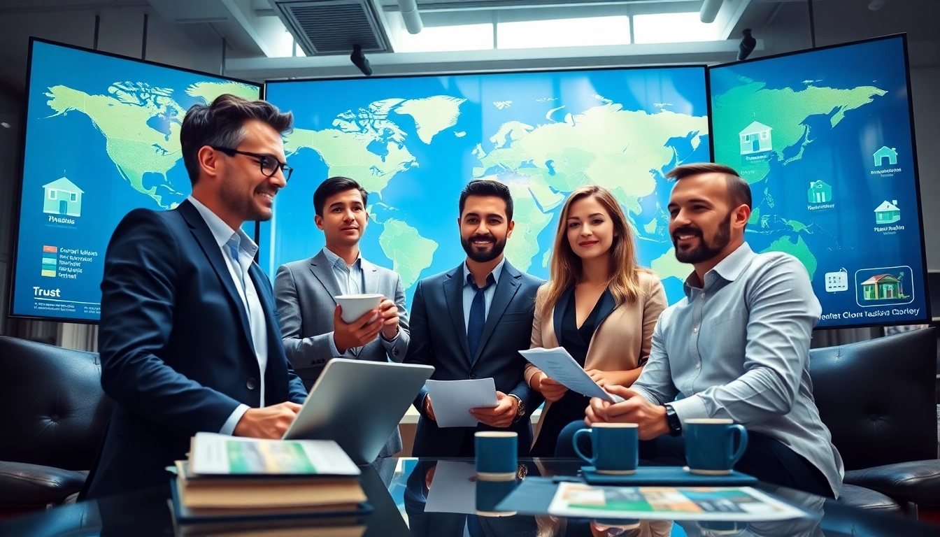 View of professionals discussing International property alerts in a modern office.