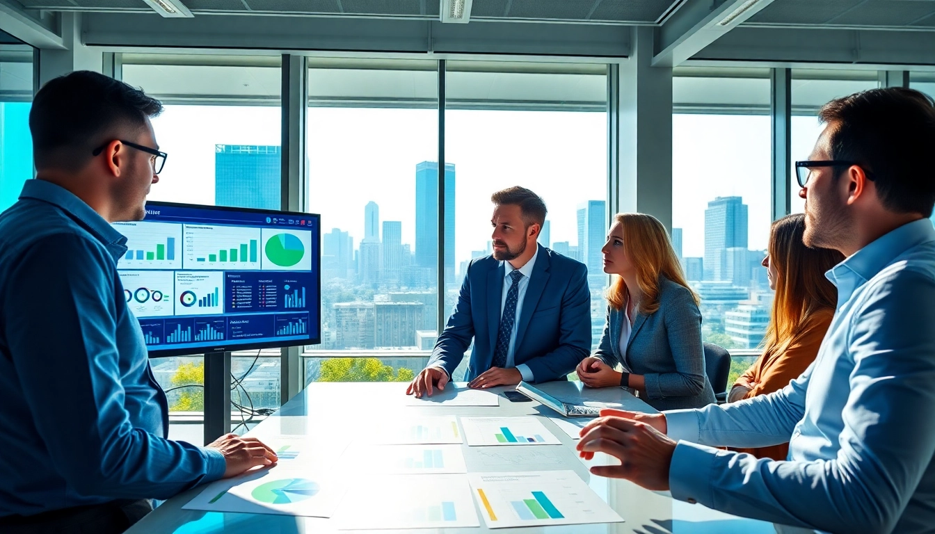 Analyze competitive intelligence insights with a diverse team in a modern office.