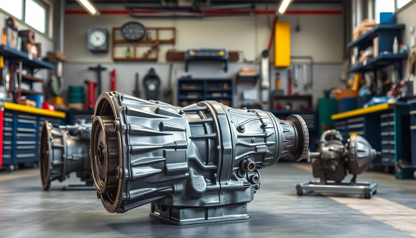 Find quality used transmissions near me displayed in a professional automotive workshop.