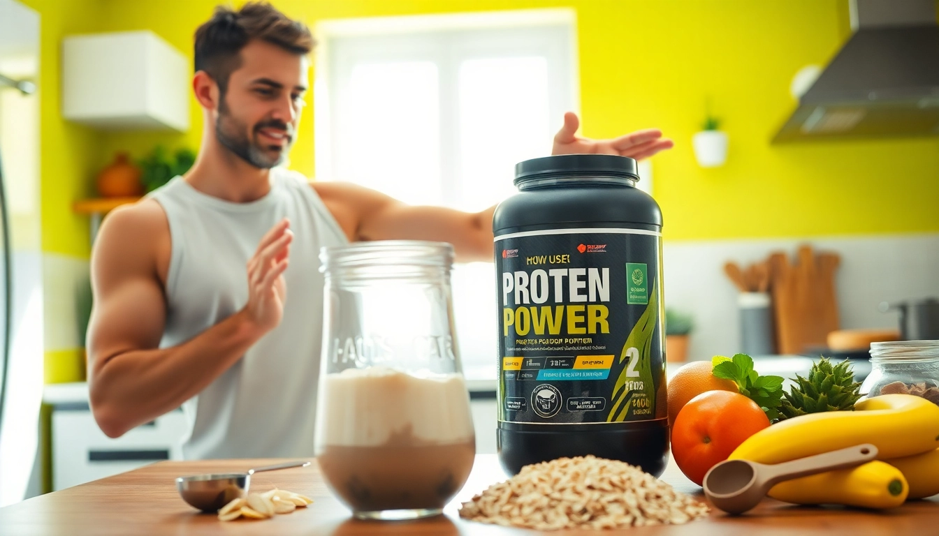 Demonstration of protein powder usage with vibrant ingredients in a bright kitchen.