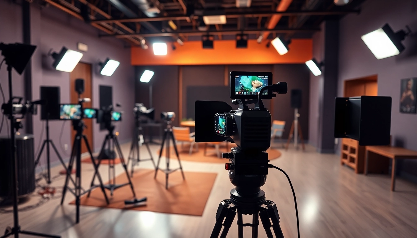 Engaging visual capturing the essence of a 영상업체 in action, showcasing production equipment and teamwork.