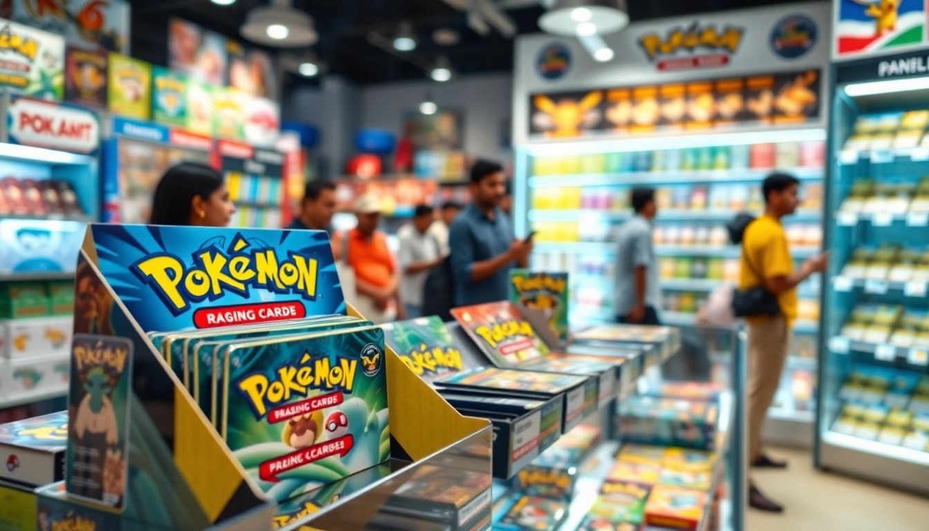 Shop vibrant Pokémon TCG products in India with a colorful display of cards and accessories.