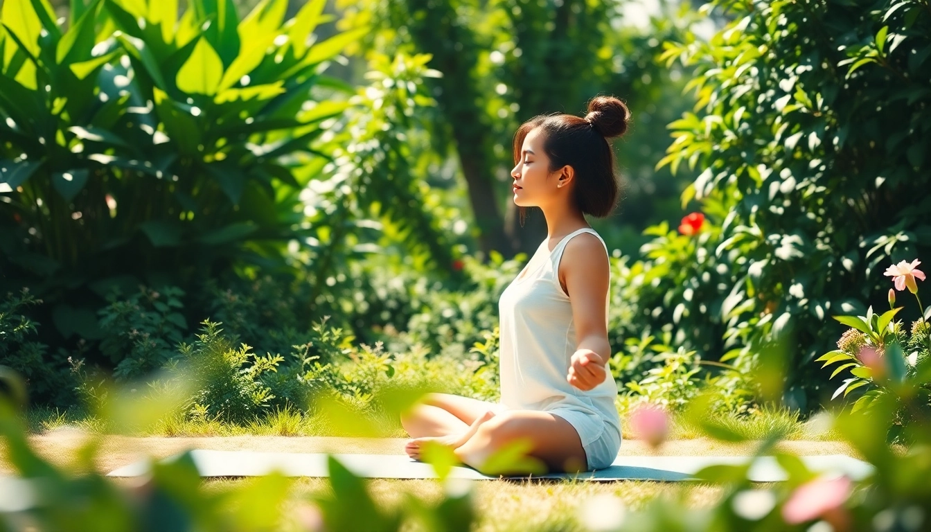 Practicing mindfulness to deal with stress in a tranquil garden setting.