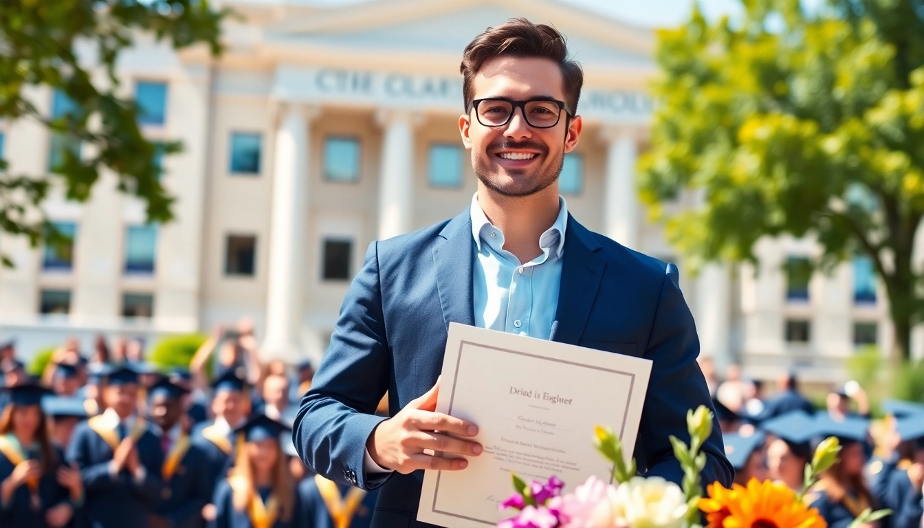 Buy a fake diploma with a proud graduate holding his diploma at a university ceremony.