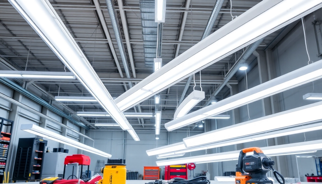 Showcasing COMLED LED lighting fixtures in a modern workspace highlighting quality and efficiency.
