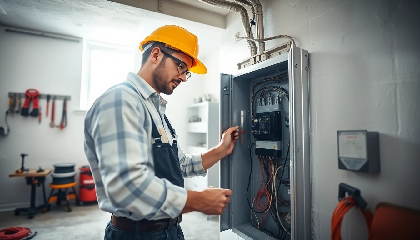 Technician performing an Electrical Panel Upgrade in a modern setting with tools and equipment around.