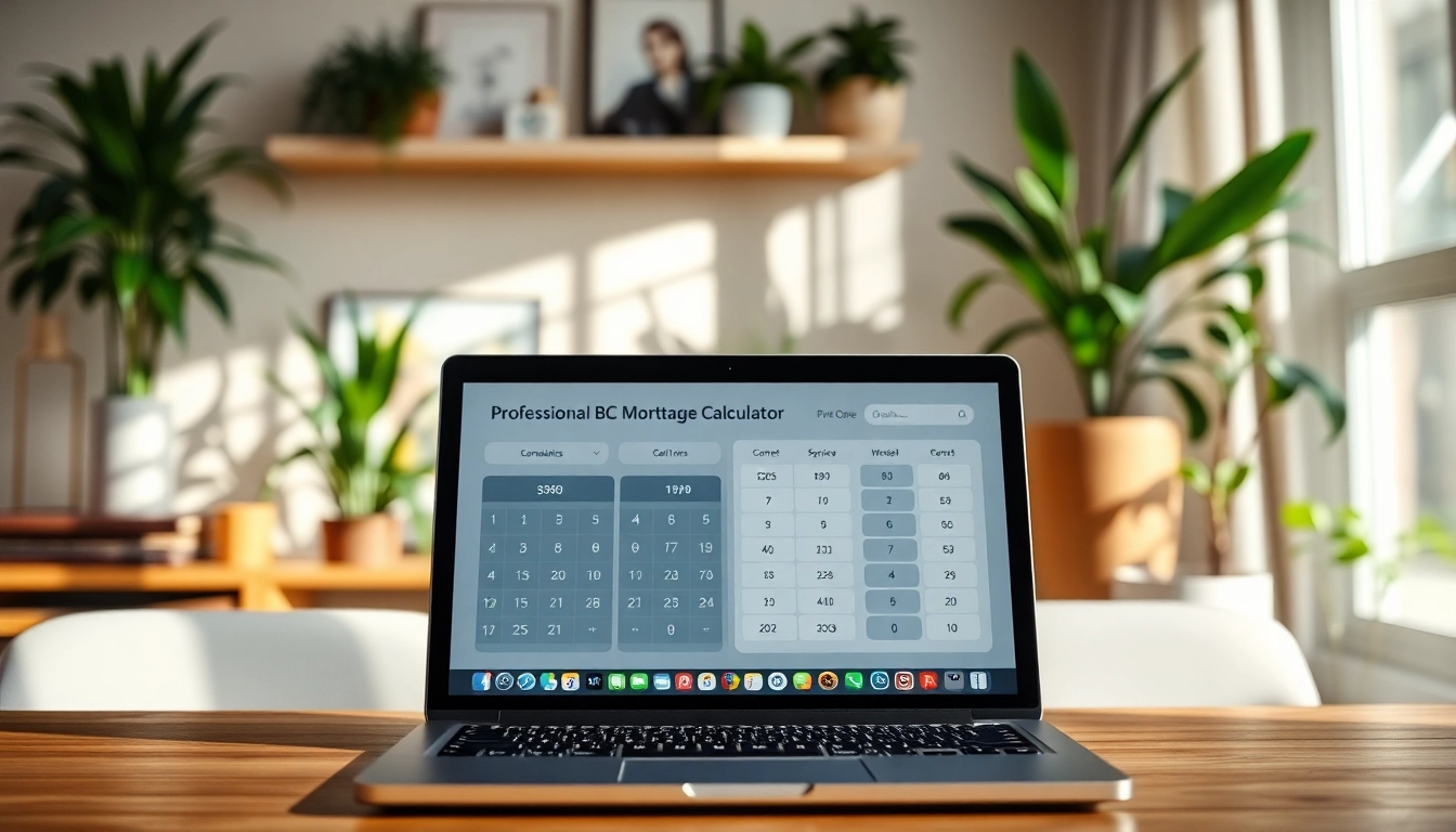Calculate your monthly expenses with the BC Mortgage Calculator on a modern laptop in a cozy home office.