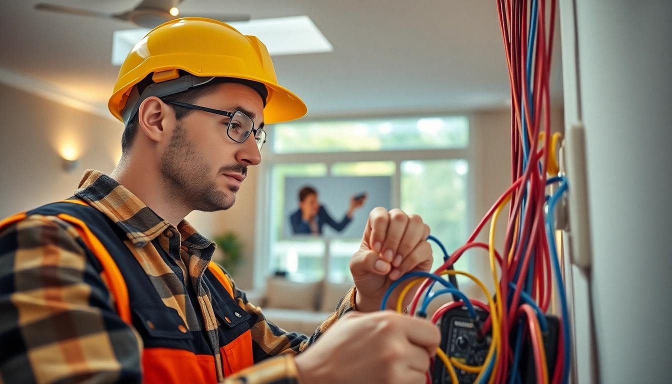 Electrician skillfully installing wiring in a modern home environment, showcasing expertise.