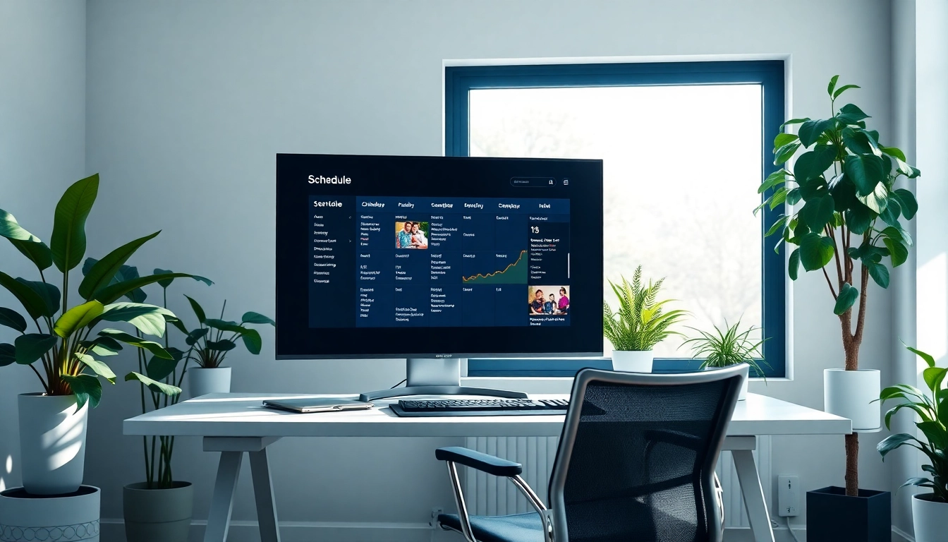Schedule content on smart TV showcased on a modern home office TV display.