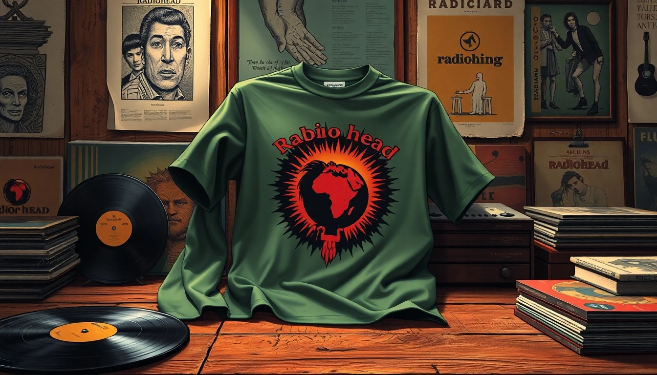 Showcase a vibrant radiohead shirt with artistic designs resting on a wooden table.