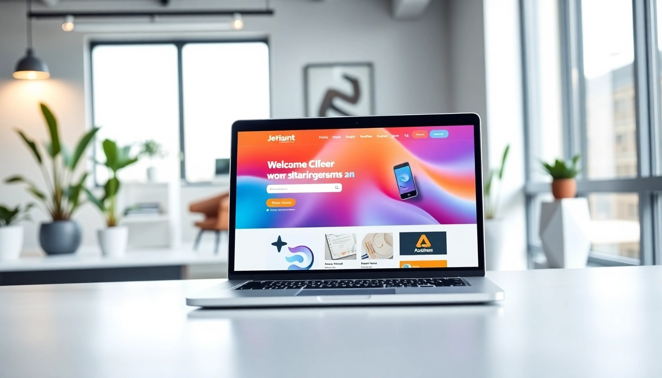 Design a compelling website design interface on a modern laptop in a stylish office setting.