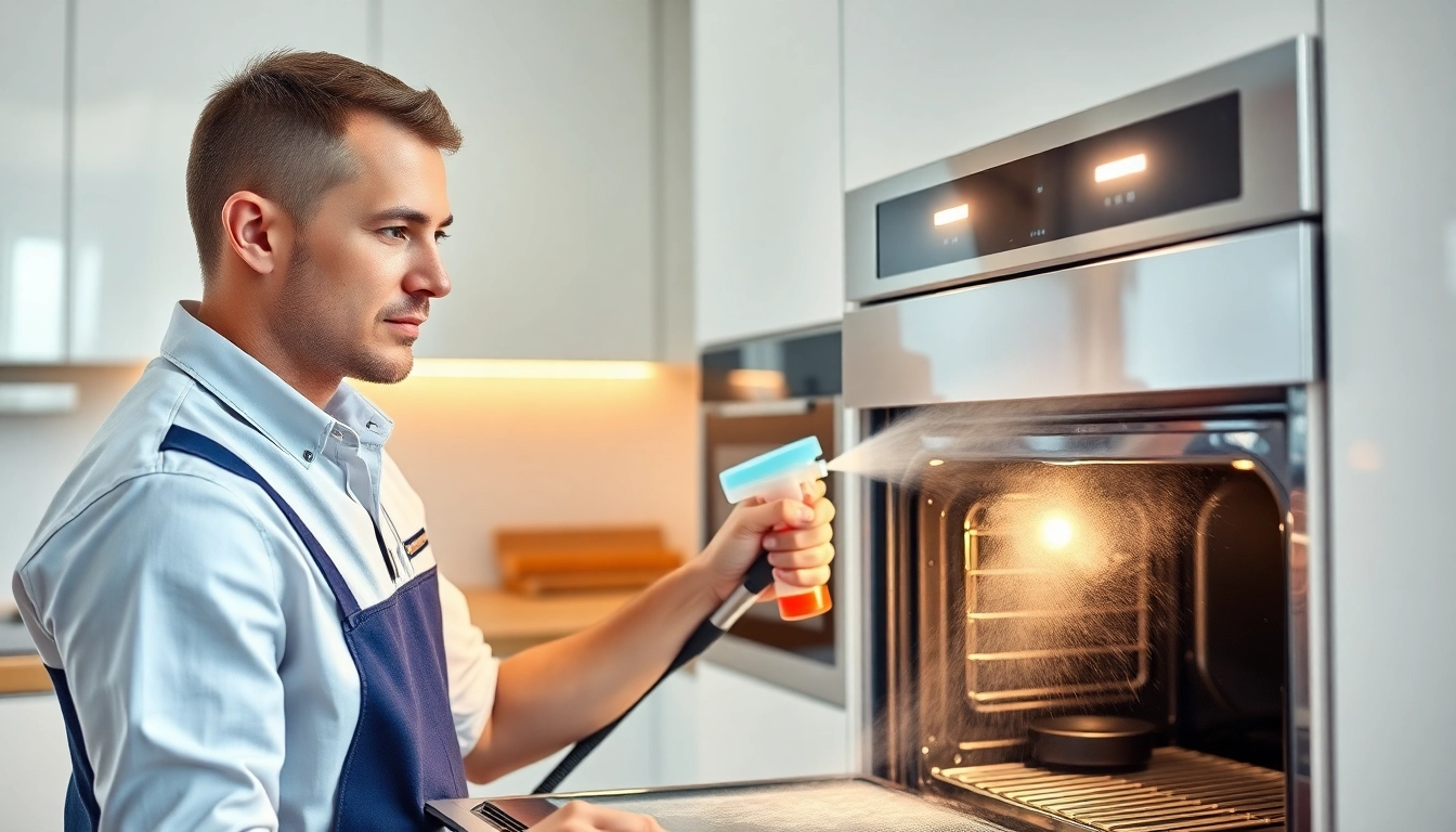 Professional technician engaged in oven cleaning dubai, ensuring a spotless kitchen appliance.