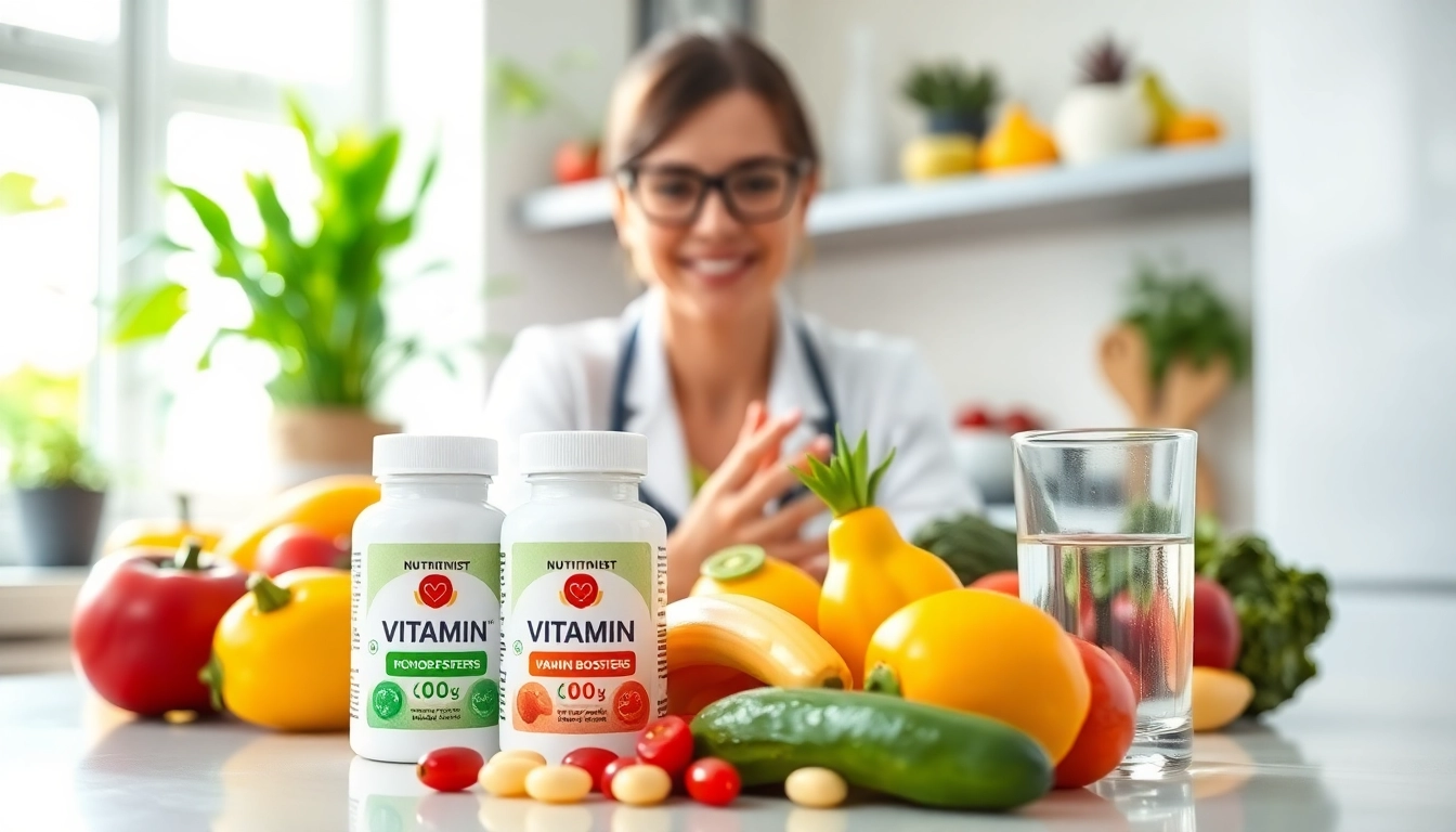 Brightly arranged Vitamin Boosters on a kitchen counter with fresh fruits and supplements.