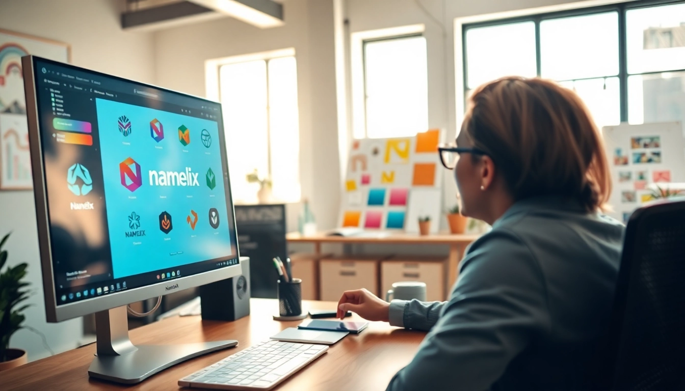 Namelix logo creation scene with colorful designs on a computer screen