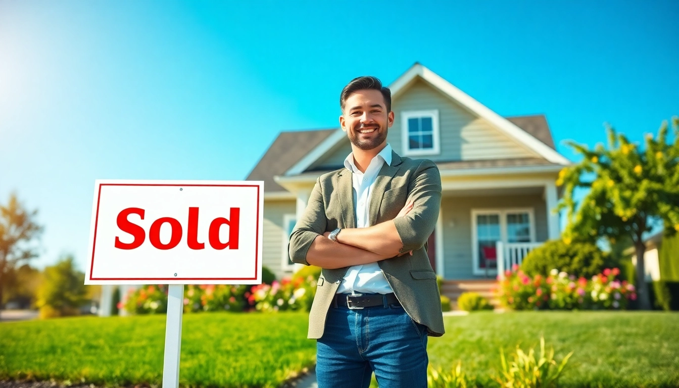 Buy my property fast with a smiling home seller in front of a recently sold house.