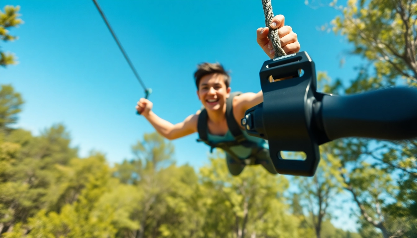 Person joyfully using a ZIP WIRE KIT high above a scenic forest landscape.