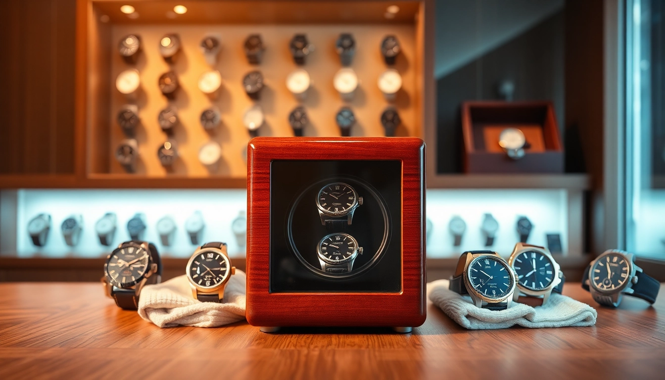 Showcase a luxurious watch winder with automatic watches, highlighting craftsmanship and elegance.