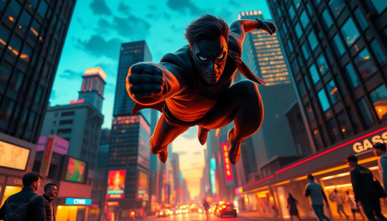Menggambarkan hero bertopeng dalam aksi dengan suasana kota, terkait dengan game batman138.
