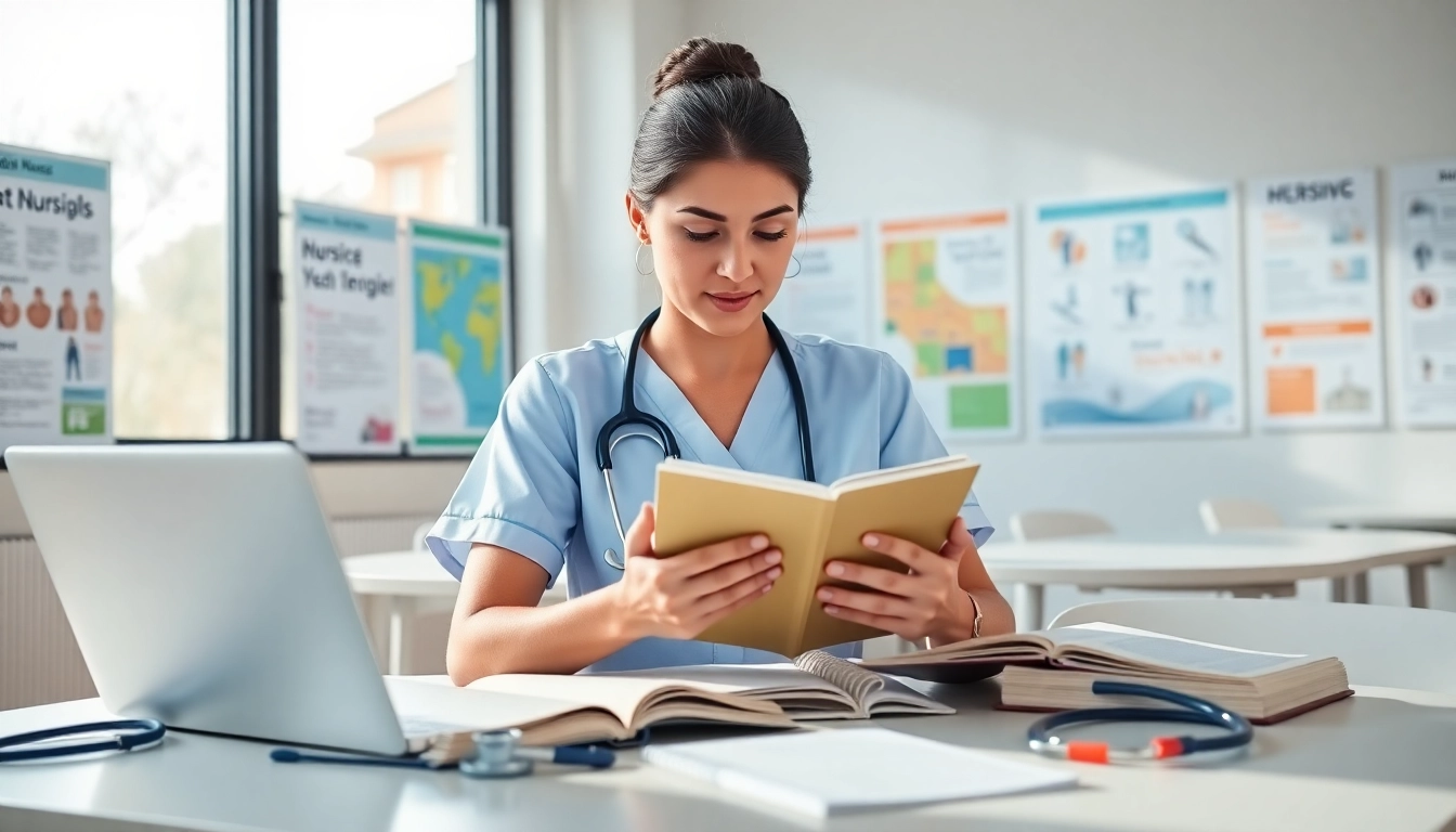 Nurse engaging with nursing ceus materials in a bright classroom environment.
