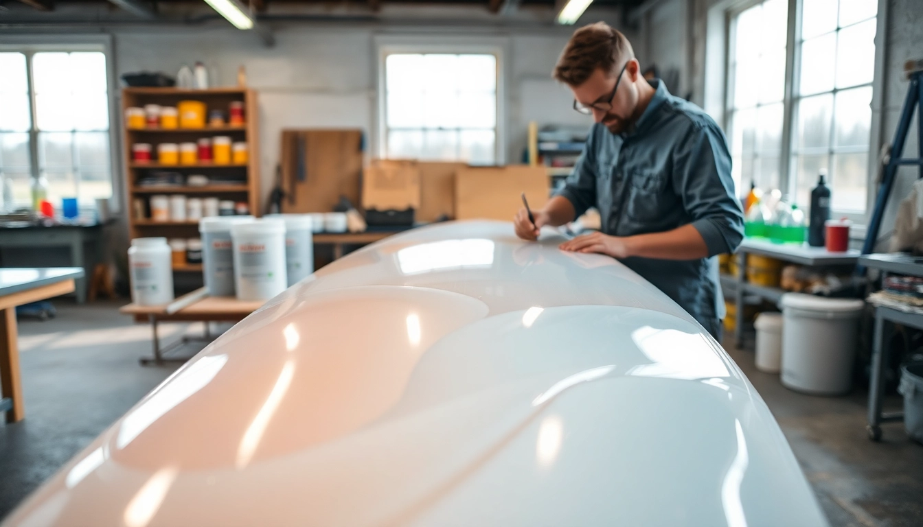 Applying laminating resin on fiberglass in a clean, professional workshop setting.