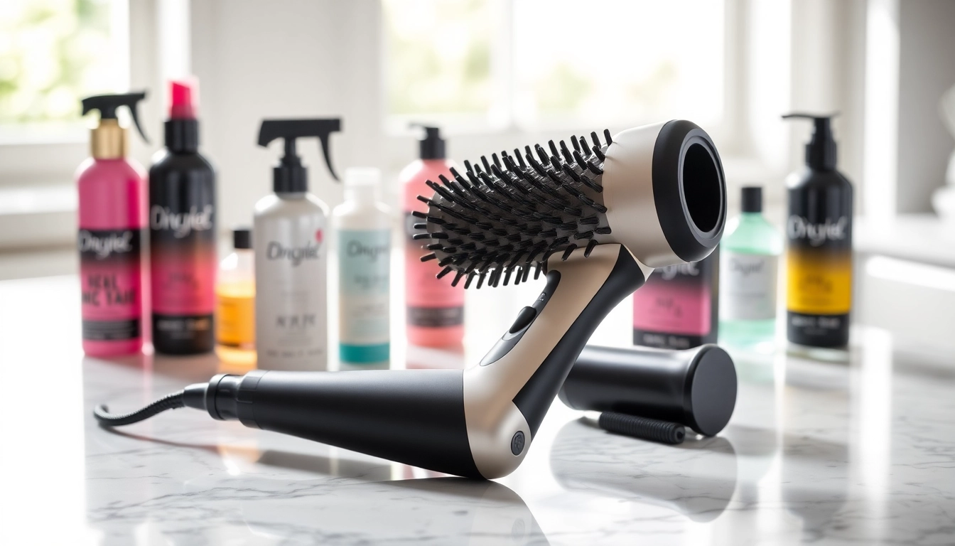 Stylish Hair Dryer Brush 7 in 1 displayed with vibrant hair products on a marble countertop.
