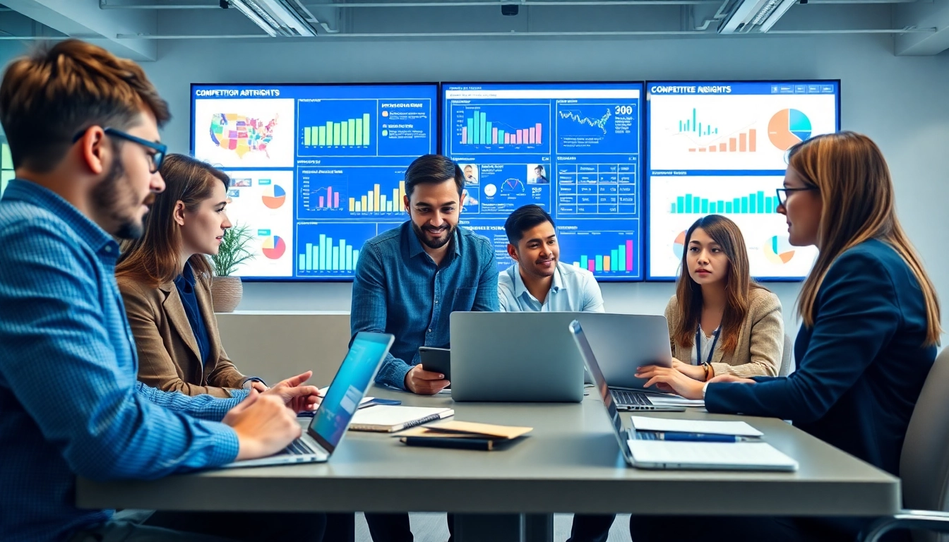 Business analysts using ai prompts for competitor analysis in a collaborative office environment.