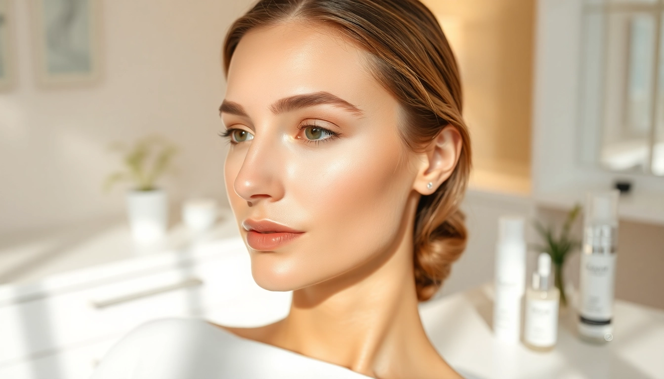 Model receiving nose filler treatment in a chic medical spa environment.