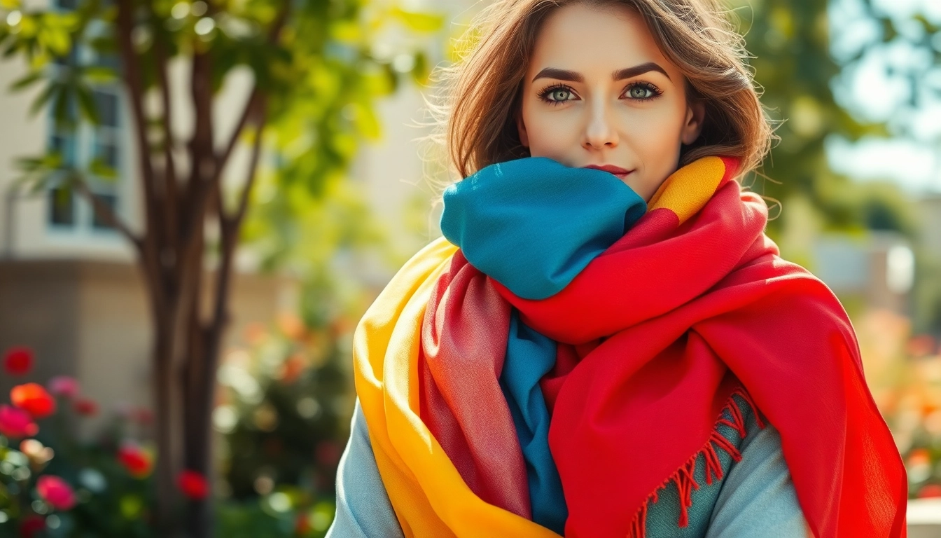 Woman showcasing colorful scarves in a sunlit garden, highlighting vibrancy and texture.