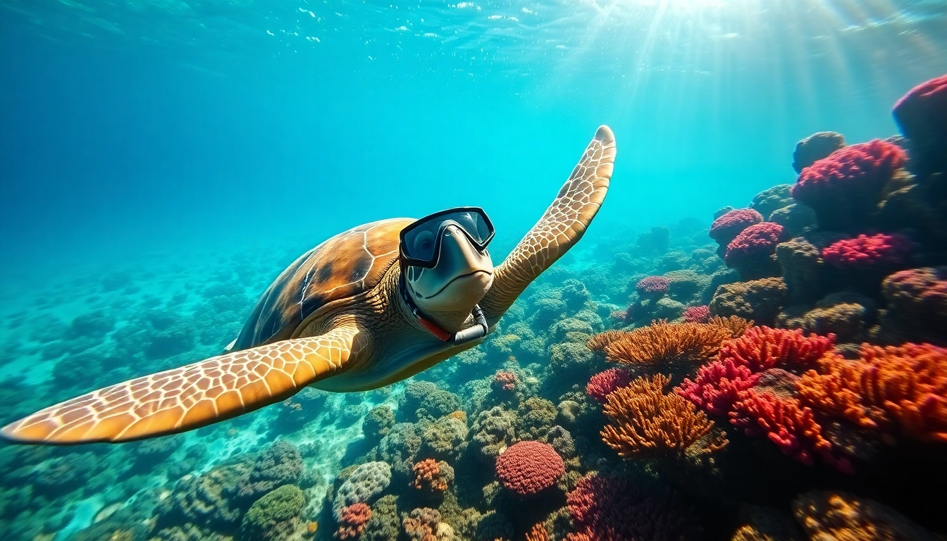 Diver using a turtle snorkel surrounded by vibrant coral reefs during a bright, serene underwater adventure.