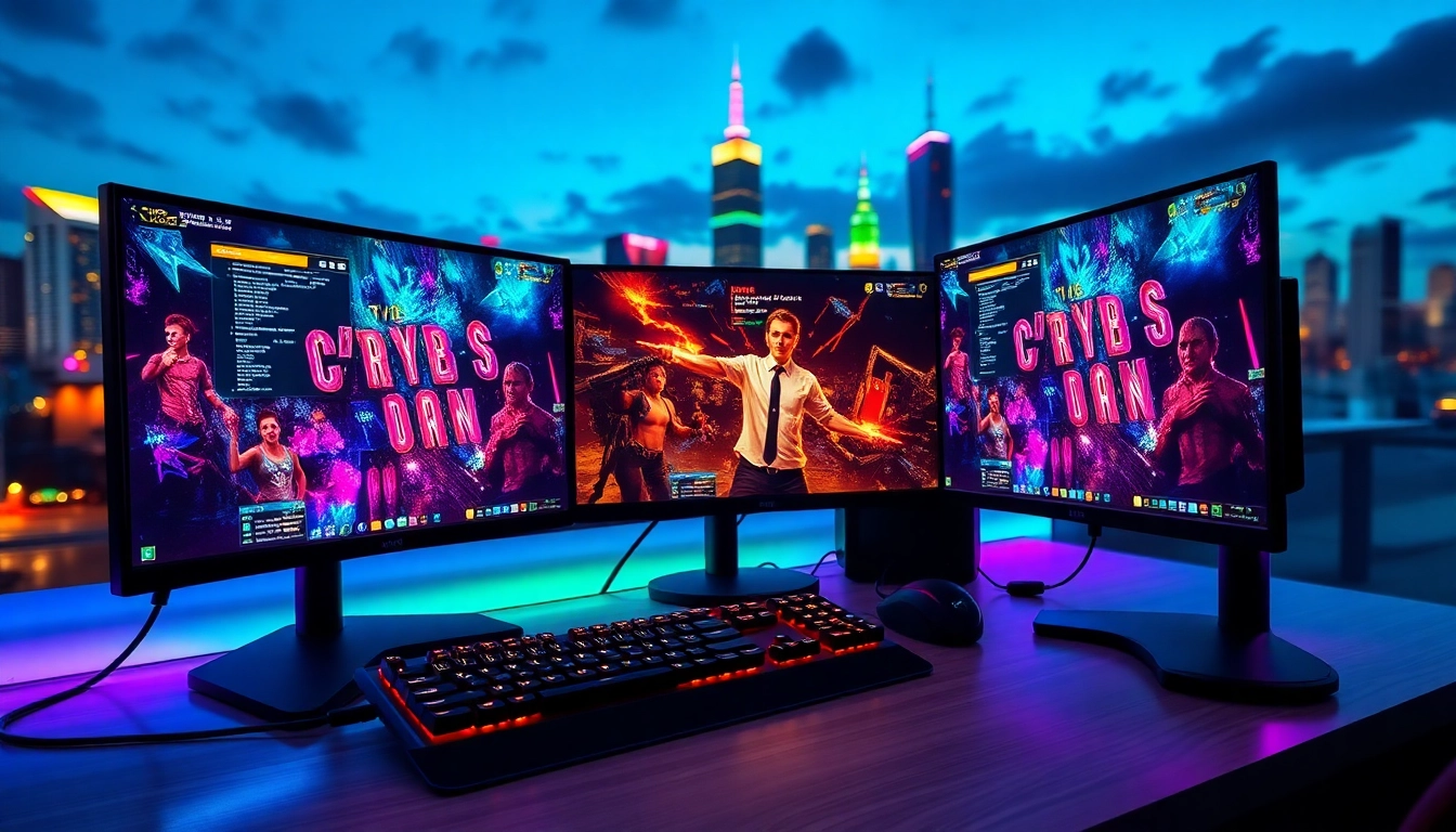 Engaging gamer environment showcasing dma cheats on multiple screens with vibrant RGB lighting.