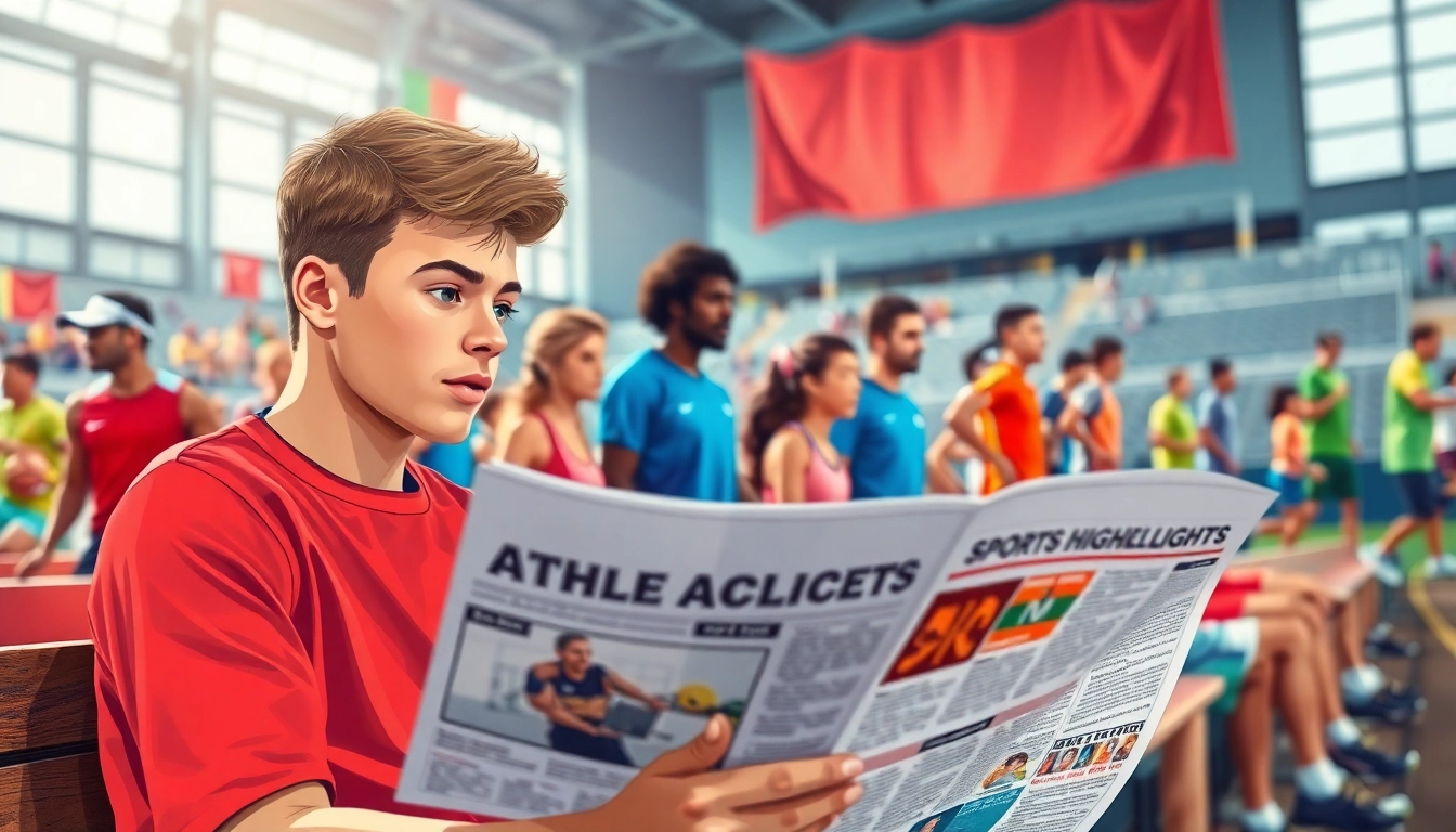 Young athlete reading an athlete newspaper in a vibrant sports setting, showcasing determination and teamwork.