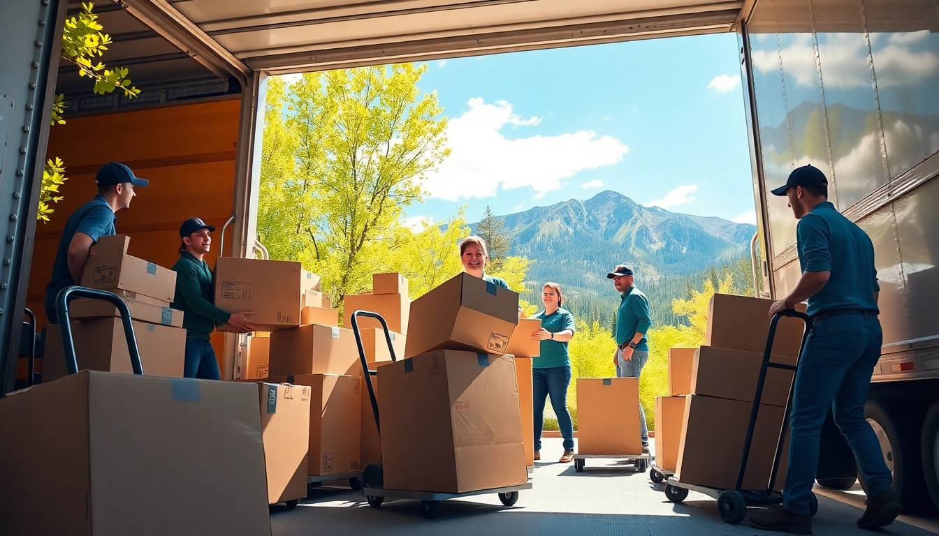 Colorado movers expertly loading boxes into a truck amid the scenic Rocky Mountains.