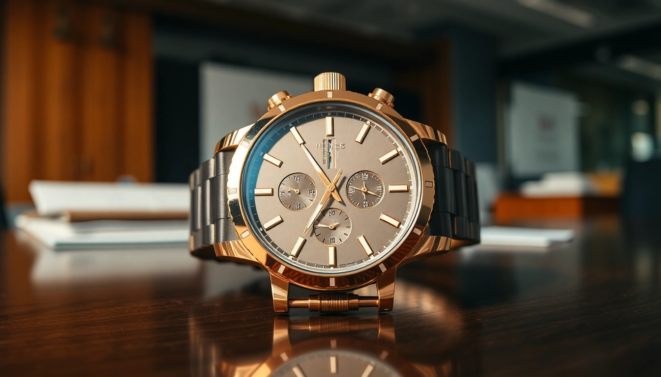 Präsentiere Herren Armbanduhren in edlem Design auf einem Holzschreibtisch.