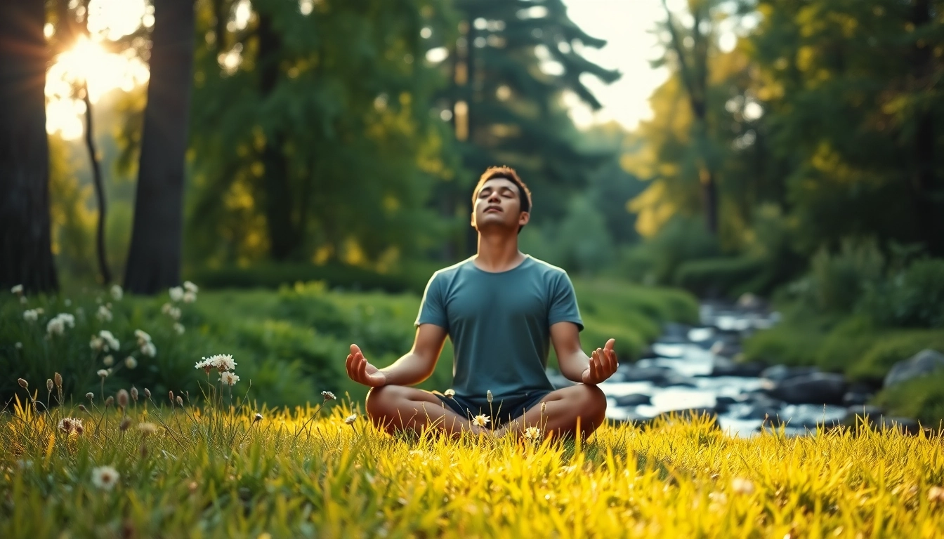 Practicing mindfulness outdoors while dealing with stress in a serene natural setting.