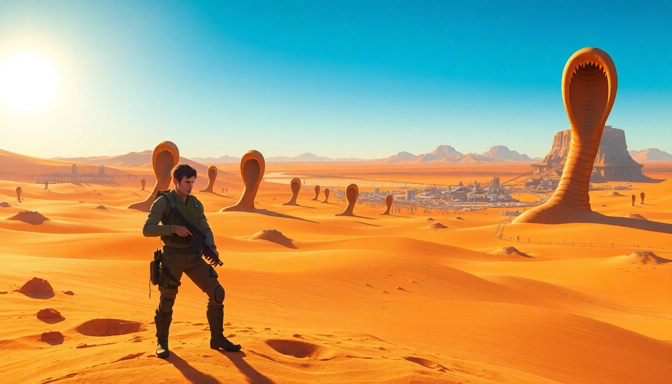 Experience the excitement of dune 2 download with a vibrant illustration of the game's desert landscape.
