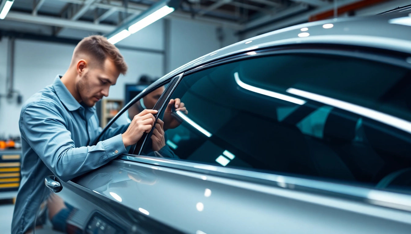 Enhance car window tinting with a professional technician in a bright workshop.