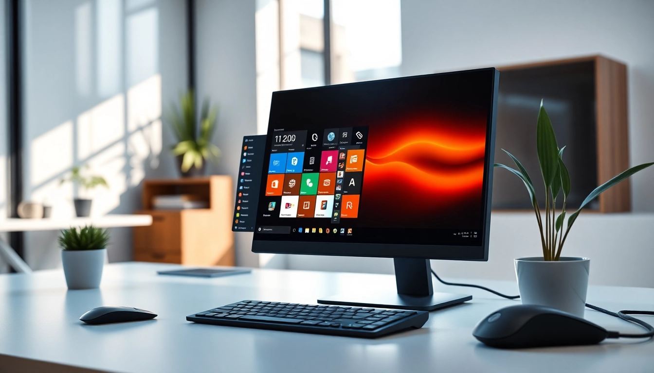 Windows 11 Pro Lizenz im modernen Arbeitsplatz mit Technologie und einem einladenden Design.