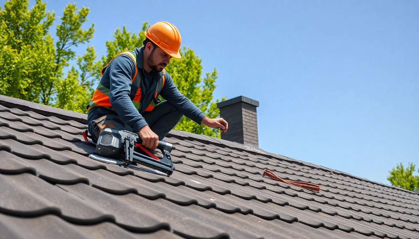 A skilled dakdekker Arnhem working diligently on a roof, showcasing professional roofing techniques.