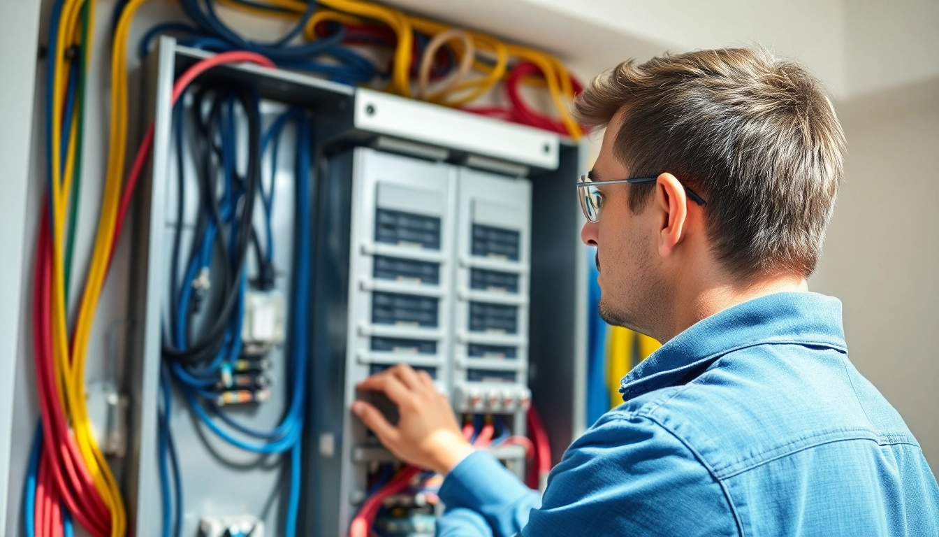 Showcasing an Electrical Panel Upgrade being inspected by a professional electrician in a bright, modern home.