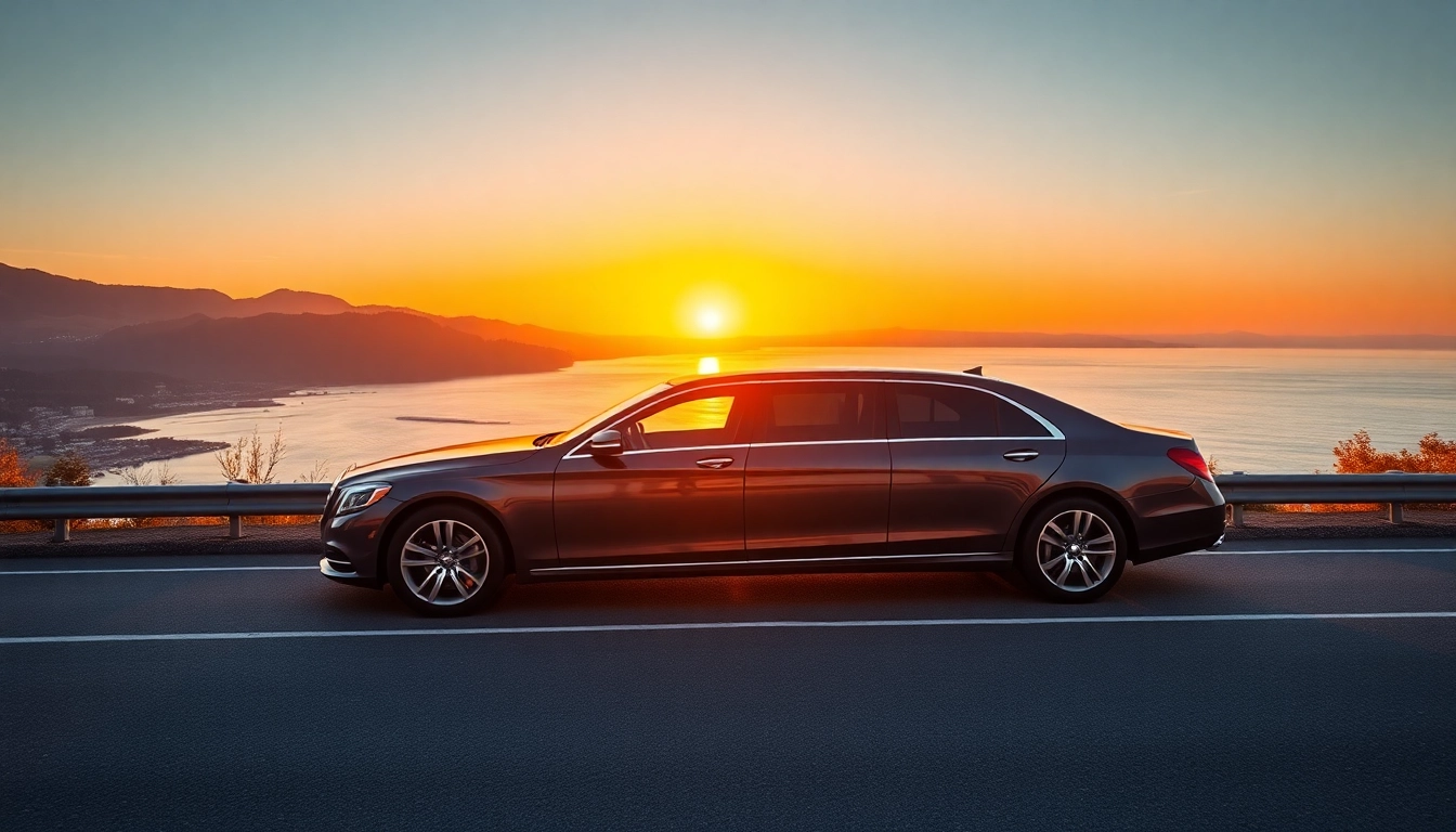 Experience luxury with our Vancouver to Seattle Car Service, featuring a stylish limousine on a scenic road.