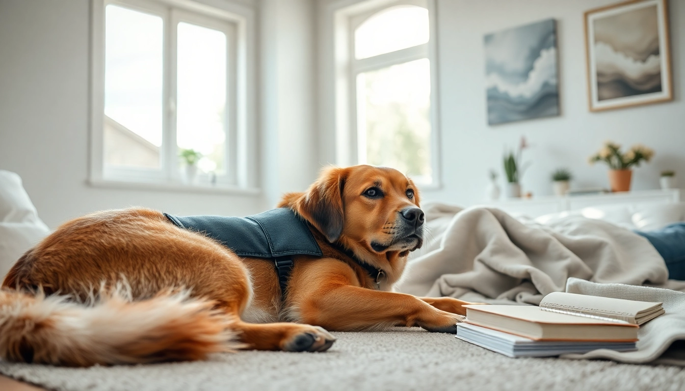 Calm psychiatric service dog supporting an individual in a tranquil therapy environment.