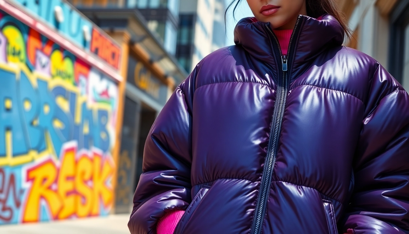 Model showcasing an Oversize Puffer Jacket against an urban backdrop, highlighting its stylish design features.